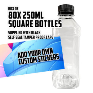 80 x 250ml Square bottles – Available plain or with Custom Stickers - High Quality Mylar Bag