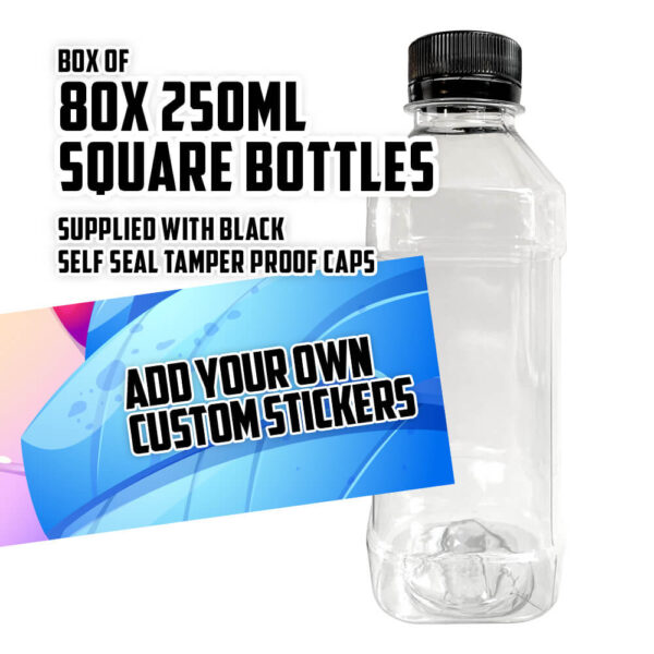 80 x 250ml Square bottles – Available plain or with Custom Stickers - High Quality Mylar Bag