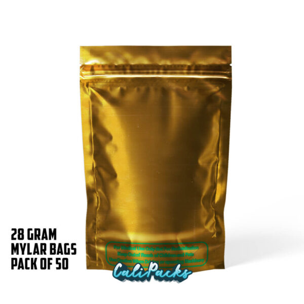 28g Blank Mylar Bags Gold with Clear Front – Pack of 50 - Image 3