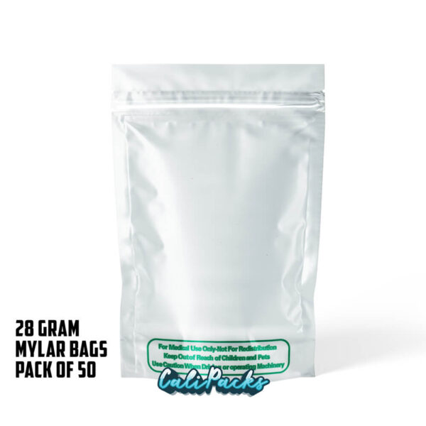 28g Blank Mylar Bags White with Clear Front – Pack of 50 - Image 3