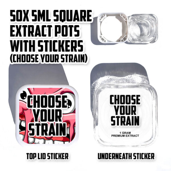 50 x 5ml Square Extract Pots – Choose your Strain - High Quality Mylar Bag