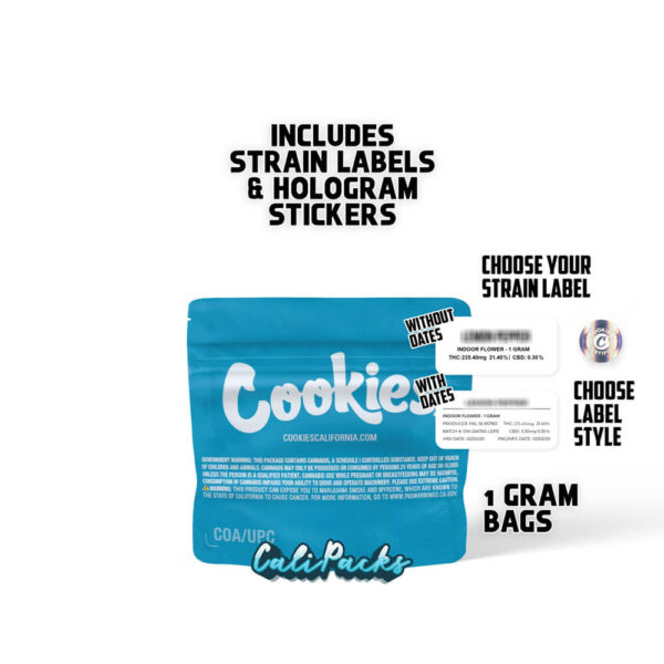 Cookies Blue C 1g bag with Strain Labels and Holograms - High Quality Mylar Bag - Image 2