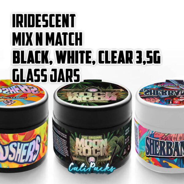 Iridescent Black/White/Clear 3.5g Mylar Bag Glass Screw Top Jars (Choose your Strain)