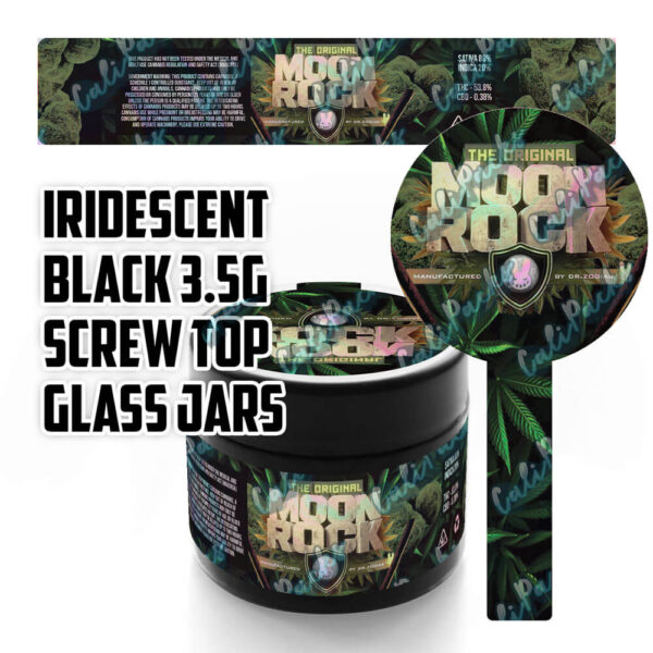 Iridescent Black/White/Clear 3.5g Mylar Bag Glass Screw Top Jars (Choose your Strain) - Image 3