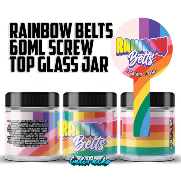 Rainbow Belts 60ml – 3.5g Mylar Bag Glass Screw Top Jars