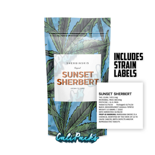 Sherbinskis Sunset Sherbert 3.5g Mylar Bag/7g Mylar Bags (with Strain Labels)