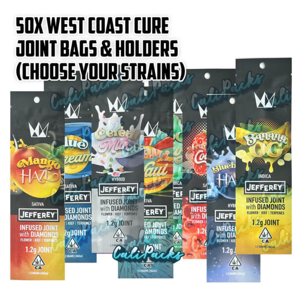 50x West Coast Cure 2024 Pre Roll Bags with Joint Holders (Choose 5x Strains) - High Quality Mylar Bag