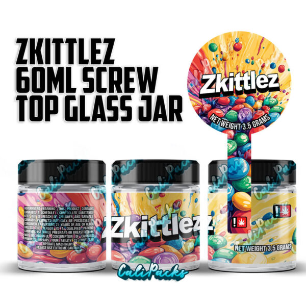 Zkittlez (2024 Design) 60ml – 3.5g Mylar Bag Glass Screw Top Jars