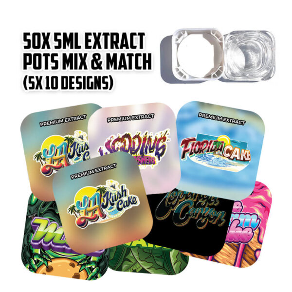 50 x 5ml Square Extract Pots – Mix & Match (Pick 5x Designs) - High Quality Mylar Bag